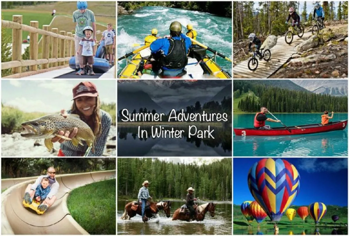 An action-packed scene featuring families enjoying a variety of outdoor activities: rafting on a river, biking, kayaking on a scenic lake, fishing, and vibrant hot air balloons floating above. The landscape is green and inviting, signaling adventure in the warmer months.
