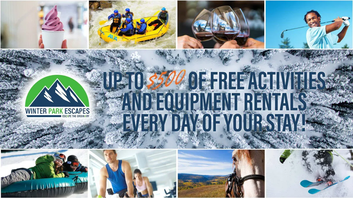 A composite-style interior image featuring vibrant visuals of various mountain activities: rafting, golfing, skiing, snow tubing, horseback riding, and wine tasting. The mood is lively and energetic, suggesting a world of outdoor pursuits accessible from this home.